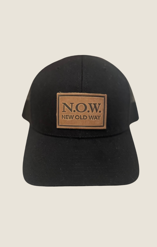 N.O.W. Signature Logo Black Leather Patch Snap Back Closure Hat 