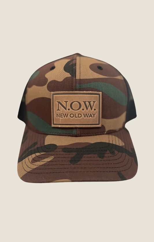 N.OW. Signature Logo Camo Leather Patch Snap Back Closure Hat 