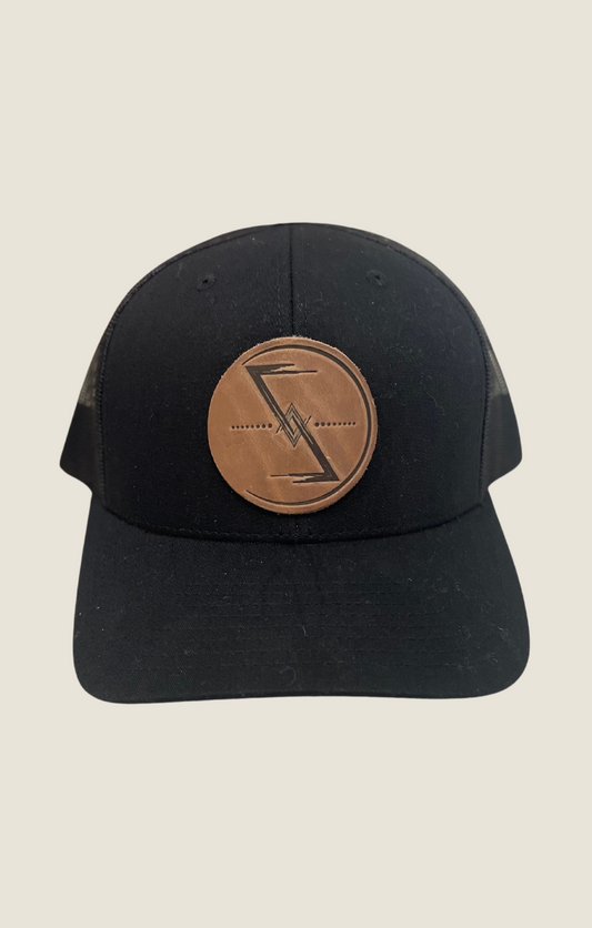 Timeless Wisdom Black Leather Patch Snap Back Closure Hat