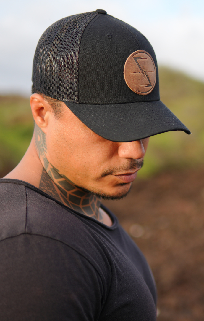 Timeless Wisdom Black Leather Patch Snap Back Closure Hat