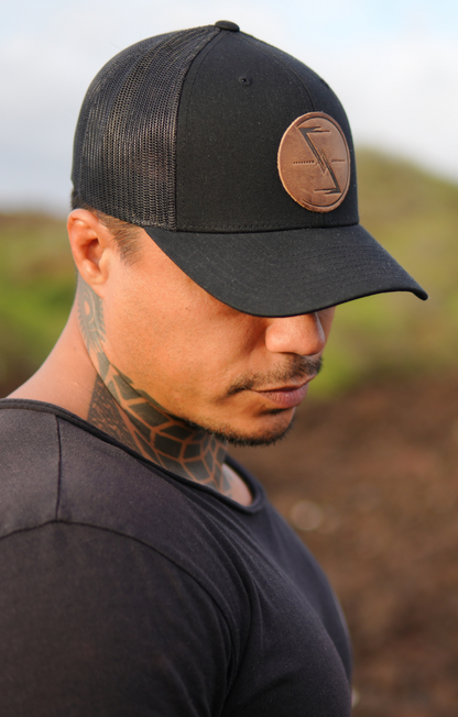 Timeless Wisdom Black Leather Patch Snap Back Closure Hat